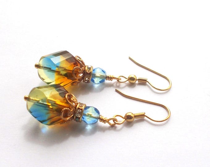 Earrings - Brown and Blue Mix Glass Earrings - Gold Plated 925 Silver Ear Hooks