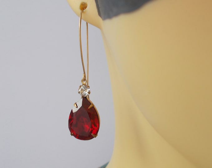 Earrings - Vintage Red & Clear Crystal Rhinestone Glass Earrings with Long Brass Hooks- Gift for Her