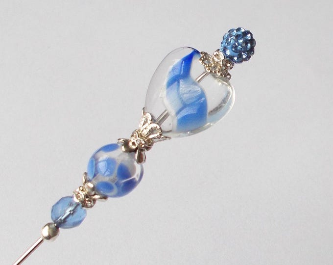 Hatpin - Pale Blue Swirl Glass Heart Bead / Silver Coloured Findings / 6.25 inch Handmade 1mm Diameter Steel Hatpin / Hat Pin