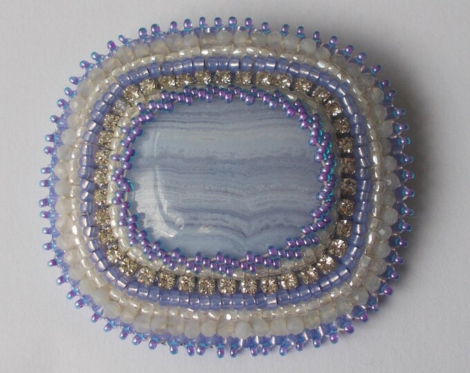 Brooch - Blue Lace Agate Handmade Brooch with Seed Beads and Rhinestones - Gift for Her - Wedding