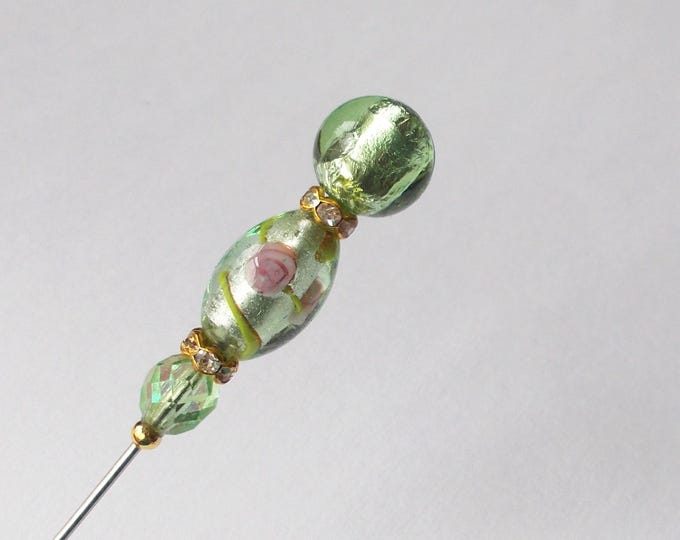 Hatpin - Handmade Pale Green Mix Glass Bead & Gold Coloured Finding 6.25 inch / 1.2mm Diameter Steel Hat Pin