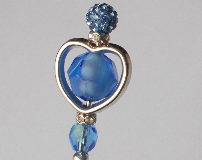Hatpin - Silver Colour Heart / Blue Mix Glass Bead Mix 5.25 inch Handmade 1mm Steel Hatpin / Hat Pin / Hat Pins