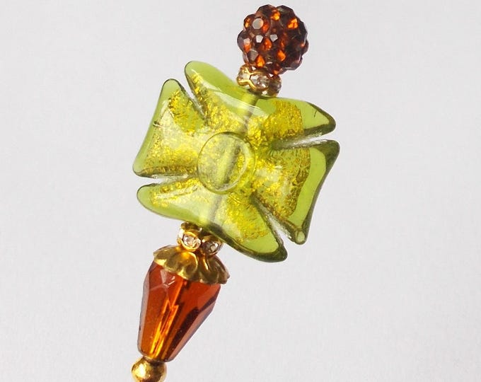 Hatpin - Green and Brown Glass Bead & Gold Coloured - 6 inches - 1mm Diameter Steel Pin.