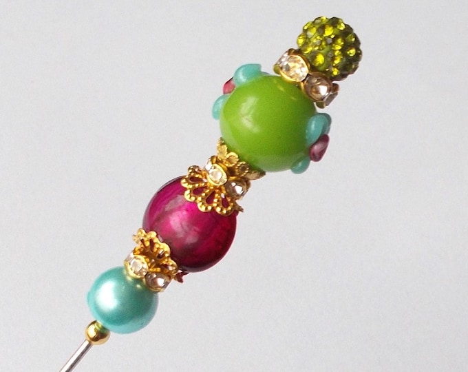 Hatpin - Lovely Green and Fuchsia Glass Bead 6.25 inch Handmade 1.2mm Diameter Steel Hatpin / Hat Pin / Gift For Her