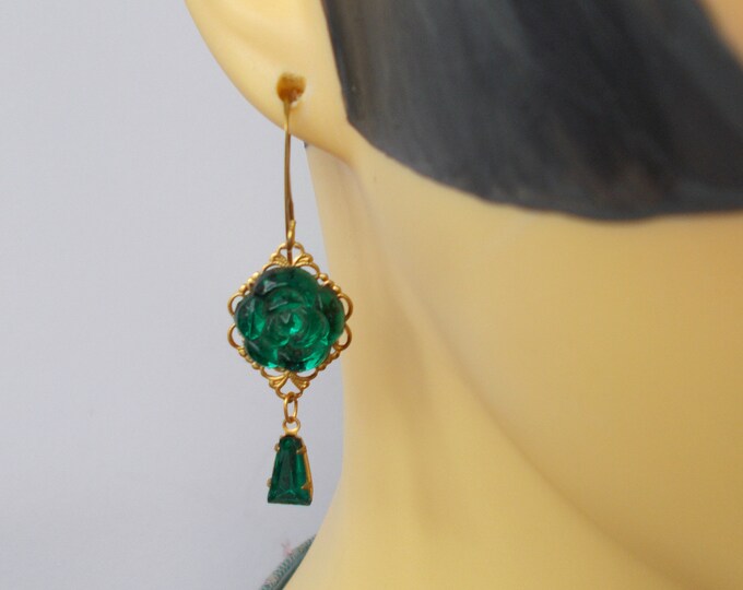 Earrings - Victorian / Art Nouveau Vintage Inspired Handmade Brass and Emerald Green Rhinestone Earrings - Gift for Her
