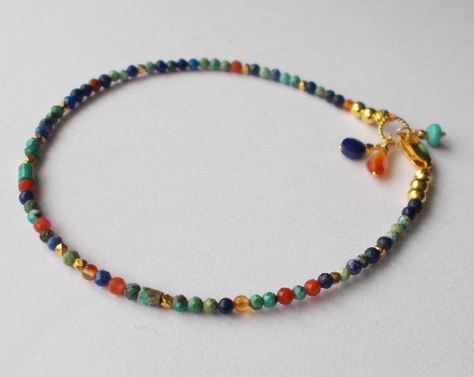 Bracelet - Delicate Lapis Lazuli / Carnelian / Turquoise and Gold Vermeil Handmade Stacker Bracelet - 7.5 inches - Gift for Her