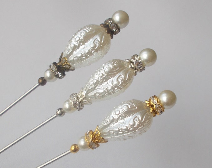 Hatpin - Choice of White Faux Pearl and Silver / Gold or Bronze Findings - Handmade 1.2mm Diameter 6.25" Steel Hat Pins / Hatpin