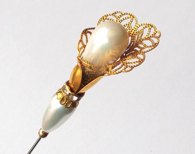 Hatpin - White faux pearl and brass filigree 6.25 inch Handmade 1mm Diameter Steel Hatpin / Hat Pin