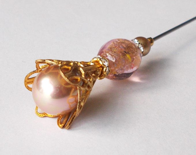 Hatpin - Champagne Faux Pearl / Pink glass and Antique Gold Coloured Filigree 5.5 inch Handmade 1.2mm Diameter Steel Hatpin / Hat Pin