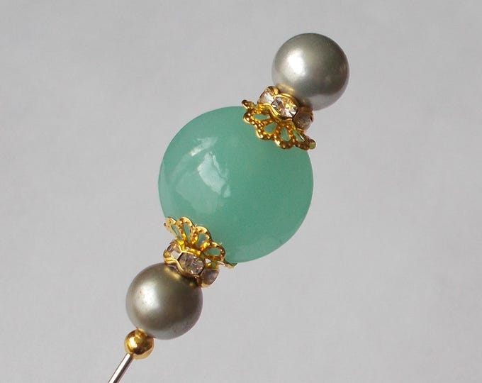 Hatpin - Pretty Grey Faux Pearl and Green Glass Bead / Gold Coloured Finding 6.25 inch Handmade Hatpin / 1mm Diameter Steel Hat Pin