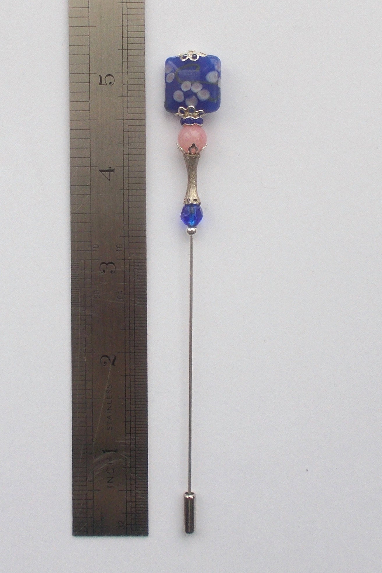 Pretty Dark Blue / Pink Glass Bead 5 inch Handmade Hatpin / Hat Pin ...