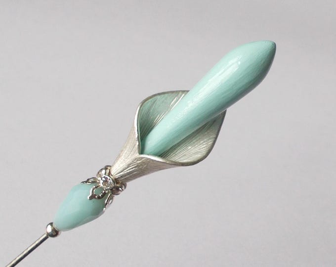 Hatpin - Pale Blue Vintage Painted Lucite Calla Lily Hatpin: Silver Tone, Limited Edition