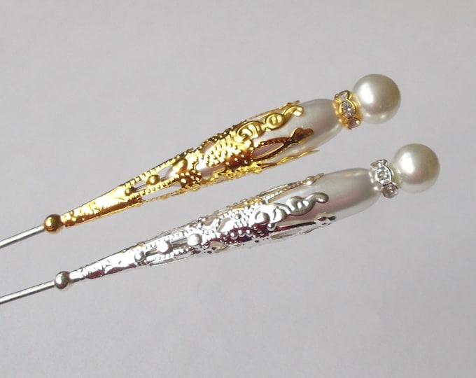 Hatpin - Choice of White Faux Pearl and Silver / Gold Findings - Handmade 1.2mm Diameter 6.25" Steel Hat Pins / Hatpin