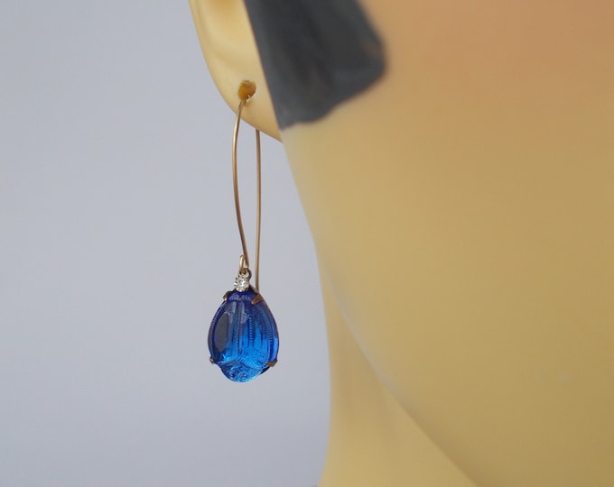 Earrings - Vintage Blue Scarab Foil Backed Glass Stone and Brass Finding Earrings - Gift for Her