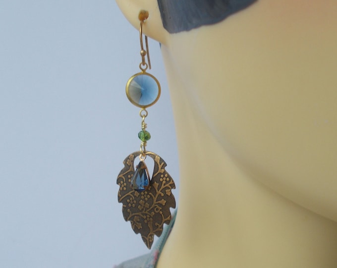 Earrings - Art Deco/Art Nouveau Inspired Blue Glass Mix Handmade Brass Leaf Longer Length Earrings - Gift for Her