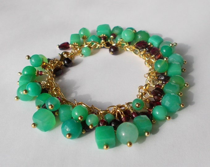 Bracelet - Chrysoprase and Garnet Mix Gemstone Charm / Cluster Bracelet - 6.5 Inches Long - Gift for Her