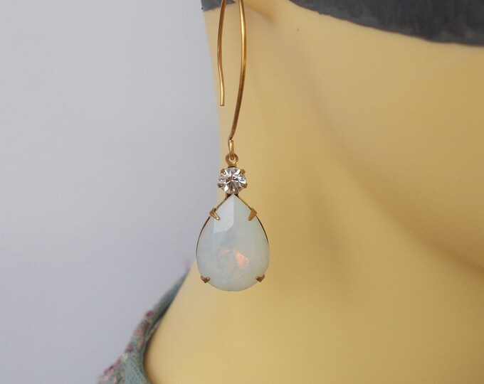 Earrings - Vintage Opaline Glass Rhinestone and Brass Finding Earrings - Gift for Her