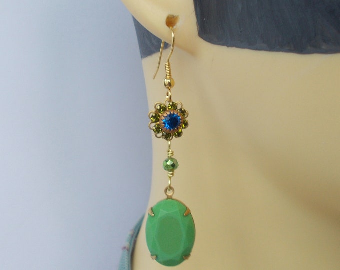 Earrings - Vintage Green and Blue Rhinestone Earrings with Gold Plated Earrings - Gift for Her