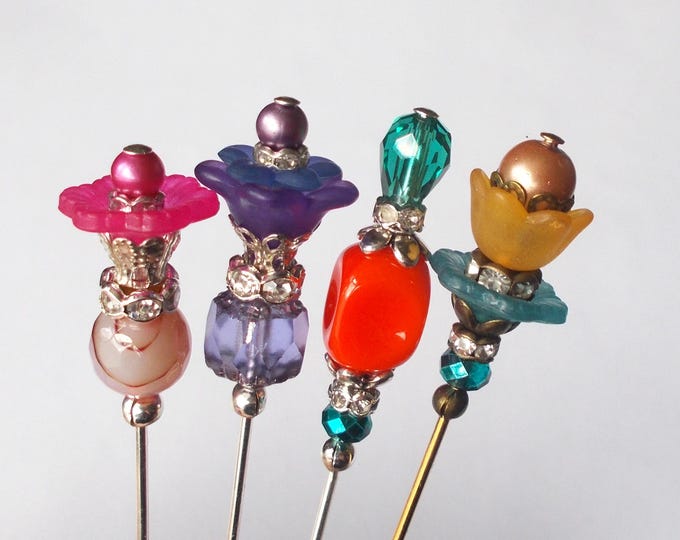 4 x Pretty Faux Pearl / Glass / Lucite Bead 3 inch Handmade Hijab / Lapel Pin / Dividers for Lace Makers / Veil Pin / Hat Pin / Hatpin