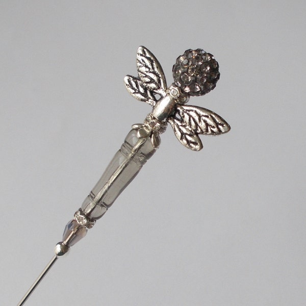 Lovely Grey Glass Mix Silver Coloured Dragonfly 7.25 inch Handmade vintage / Antique Style Hatpin / 1mm Steel Hat Pin