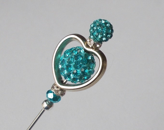 Hatpin - Silver Colour Heart / Blue Mix Glass Bead Mix 5.25 inch Handmade 1mm Steel Hatpin / Hat Pin / Hat Pins