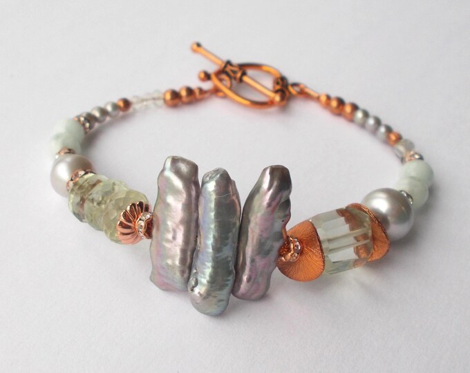 Bracelet - Green Amethyst (Prasiolite) / Green Angelite / Grey Pearl and Copper Mixed Metal Handmade Artisan Bracelet - longer 8.5 inches