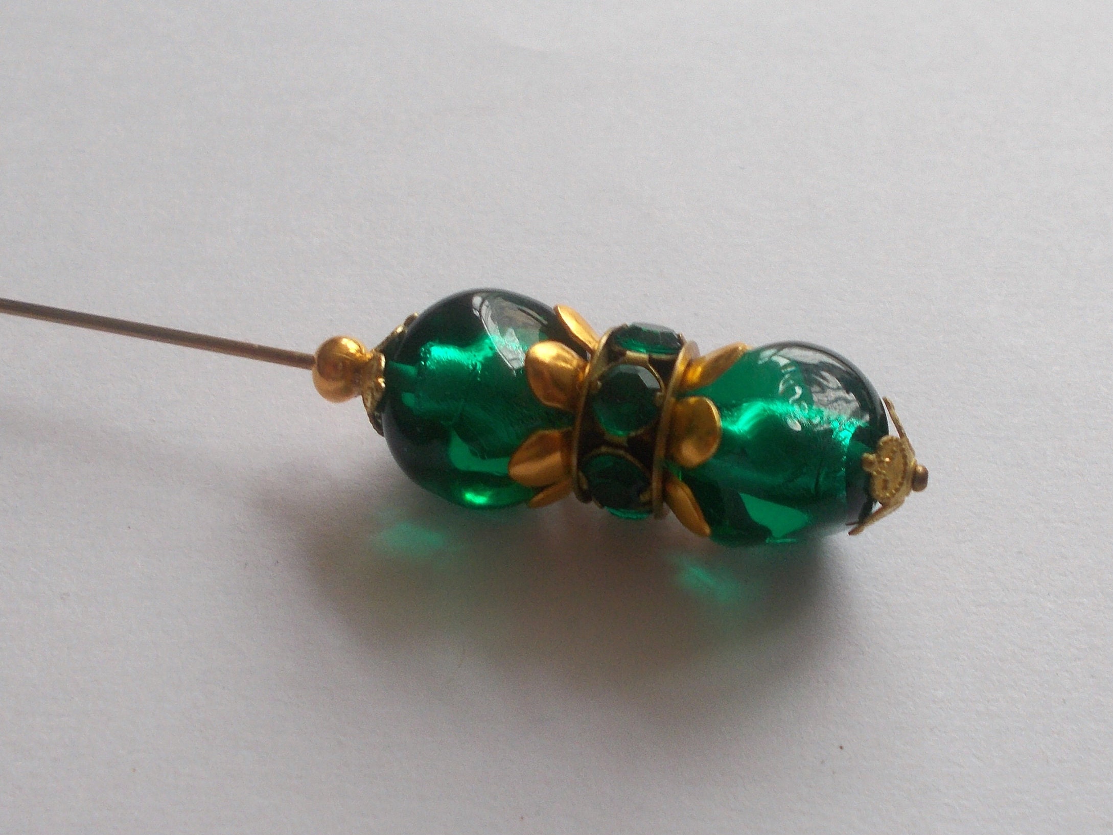 Pretty Vintage Green Foil Glass Bead 6 inch Handmade Hatpin / Hat Pin ...