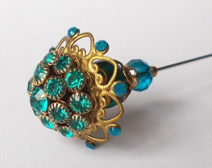 Hatpin - Limited Edition Stunning Rhinestone Decorated Metal Top and Glass Bead 7 inch Handmade 1mm Diameter Steel pin