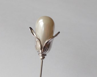 Snowdrop Inspired Classic White Faux Pearl & Silver Coloured Findings approx 5.5 inch Handmade 1mm Steel Hatpin / Hat Pin