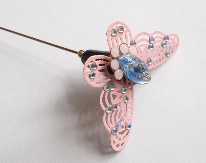 Hatpin - Rhinestone Decorated Metal Butterfly and Glass Bead 6.5 inch Handmade Hatpin / Hat Pin
