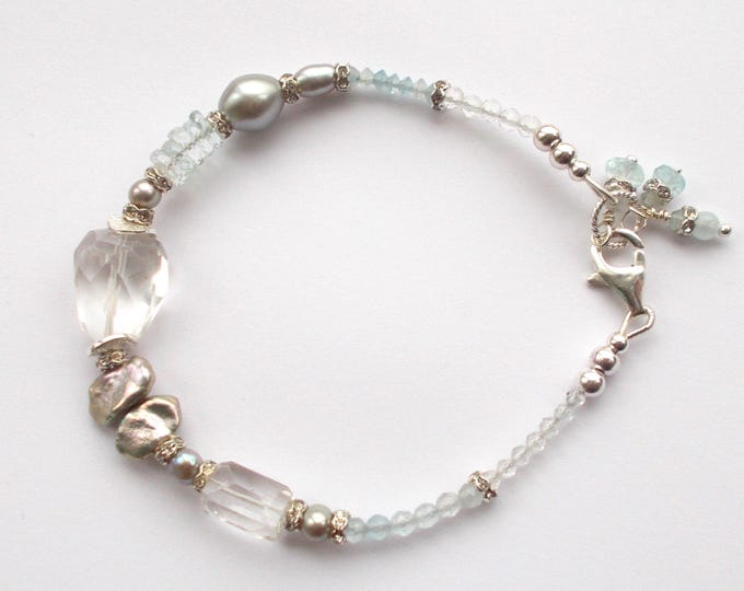 Bracelet - Rock Crystal / Aquamarine / Grey Peals / Mixed metals with 925 Sterling Silver 8 inch Bracelet - Gift for Her