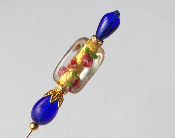 Hatpin - Gold Foil and Pink Flower/ Cobalt Blue Mix Glass & Gold Coloured Finding 6.25 inch Handmade Hatpin / 1mm Diameter Steel Hat Pin