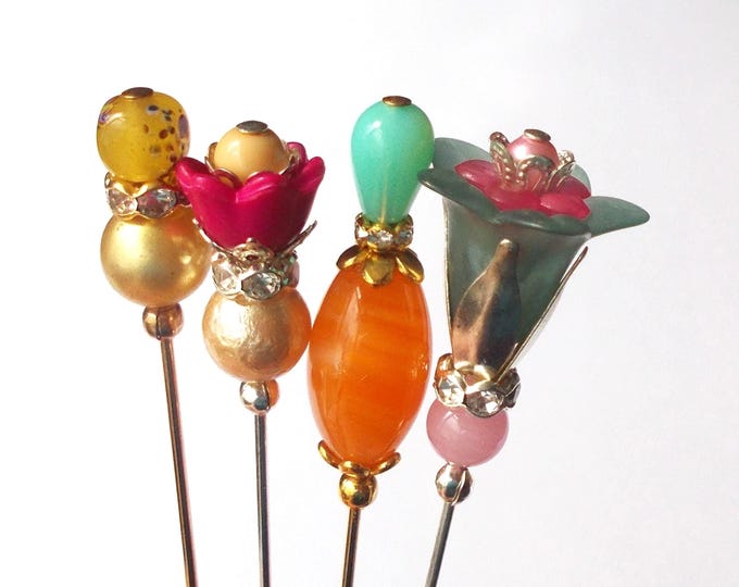 Lapel / Hijab / Veil Pins - 3-3.5 Inches Faux Pearl, Glass, Lucite - Set of 4