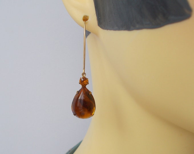 Earrings - Vintage Faux Tortoise Glass Rhinestone and Long Brass Finding Earrings - Gift for Her