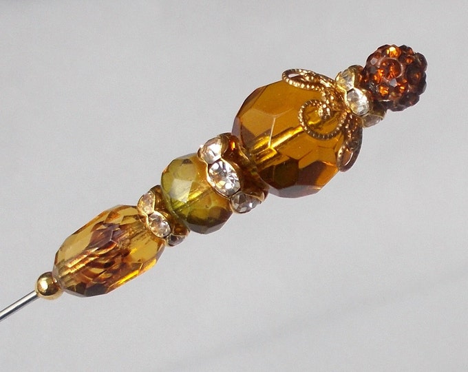 Hatpin - Pretty Brown Glass Bead & Gold Coloured Finding 6 inch Handmade Hatpin / 1mm Diameter Steel Hat Pin - Gift for Her