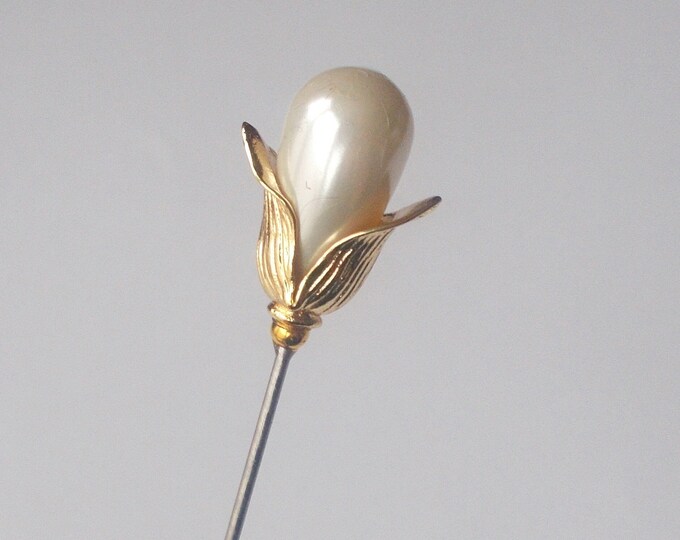 Hatpin - Snowdrop Inspired Classic White Faux Pearl Hat Pin/ Veil Pin & Gold Coloured Findings approx 5.5 inch Handmade 1.2mm Diameter Steel
