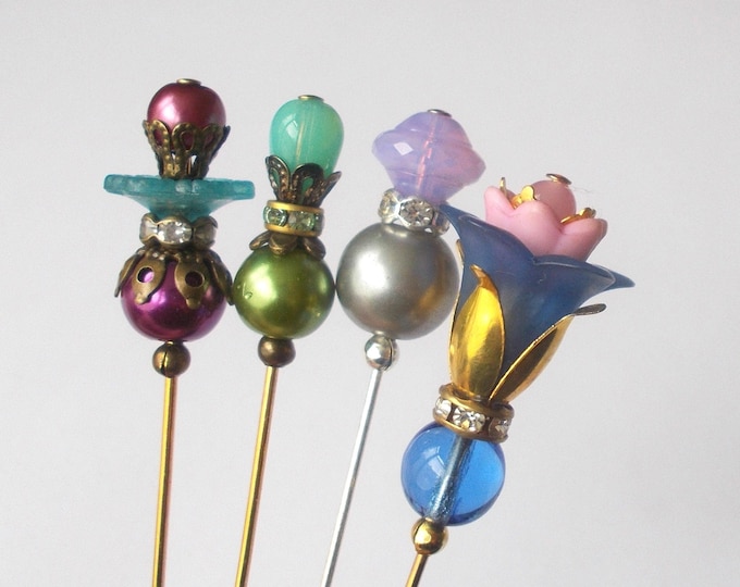 Beaded Hijab Pins: Faux Pearl, Glass, Lucite - Handmade Set of 4