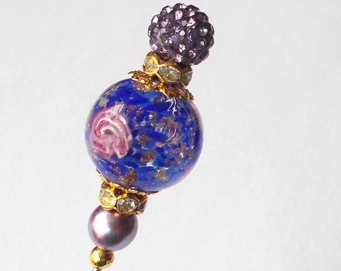Hatpin - Blue & Lilac Gold Sommerso Venetian Glass Hatpin - 5.25 Inches Long - 1.2mm Diameter Steel Hat Pin