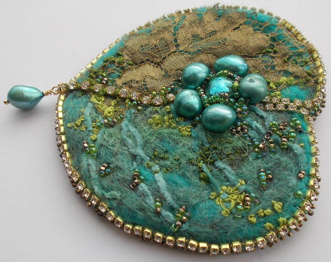 Brooch - Regency/Tudor Inspired Green/Teal/Gold Felted Textile Large Leaf Brooch with Baroque Teal Pearls/Embroidery/Beadwork/Rhinestones