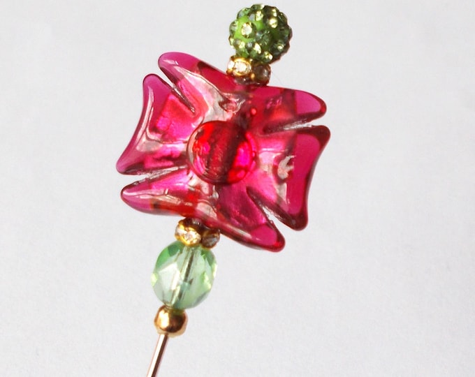Hatpin - Lovely Dark Pink and Light Green Mix / Gold Coloured Finding 5 inch Handmade 1mm Diameter Steel Hatpin / Hat Pin