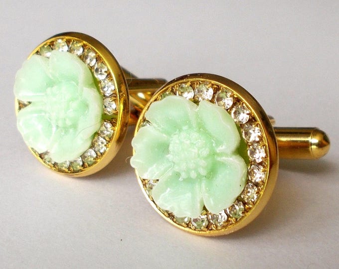 Handmade Pale Green Flower Cufflinks: Rhinestone Gold Tone
