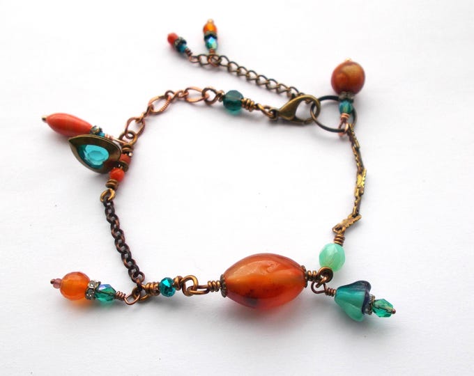 Bracelet - Up-Cycled / Reclaimed Mixed Metal and Bead Handmade Assemblage / Boho Bracelet - Adjustable 8 - 9 inches Long - Gift for Her