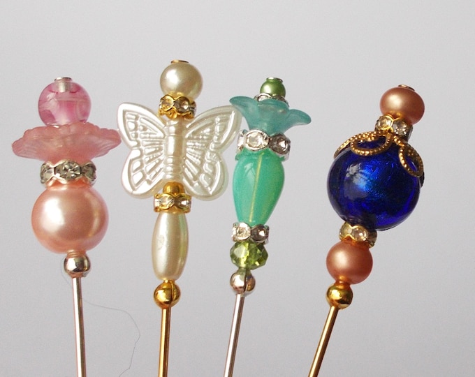 4 x Pretty Faux Pearl / Glass / Lucite Bead 3 inch Handmade Hijab / Lapel Pin / Dividers for Lace Makers / Veil Pin / Hat Pin / Hatpin