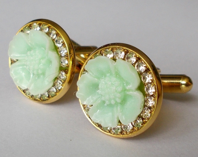 Cufflinks - Pale Green Flower and Rhinestone Lightweight Cuff links with Gold Coloured Base and Backs