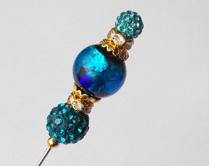 Hatpin - Pretty Capri Blue Foil Glass Bead & Gold Coloured Finding 6.25 inch Handmade Hatpin / 1mm Diameter Steel Hat Pin - Gift for Her