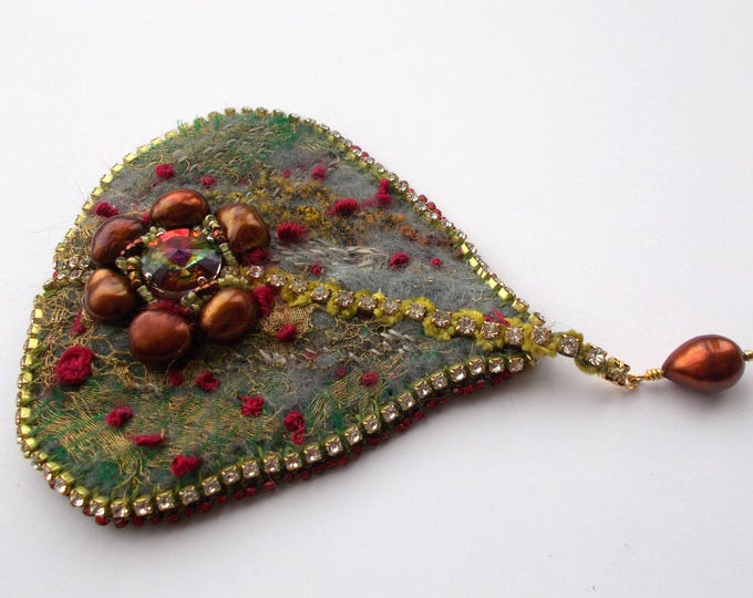 Brooch - Regency Tudor Style Hand Felted with Baroque Pearls & Rhinestones - Hand Embroidered - Vintage Metal Lace and Beadwork.