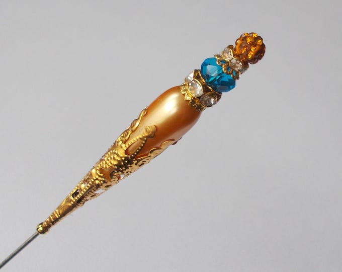 Hatpin - Pretty Faux Pearl Orange and Blue Glass Bead / Gold Coloured Filigree 6.25 inch Handmade Hatpin / 1.2mm Diameter Steel Hat Pin