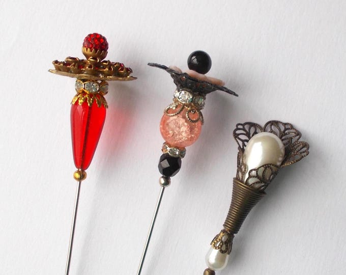 Hatpins - Three Lovely Glass Bead / Lucite / Faux Pearl Handmade Hatpins / Hat Pin (Used for display - May Show Some Wear)