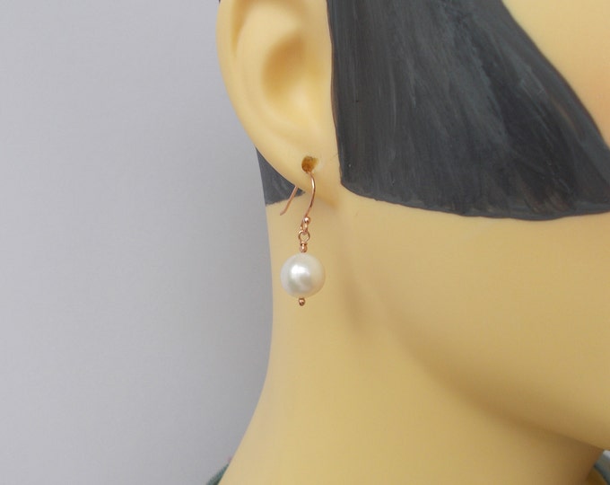 Earrings - Handmade Pretty Near Round Single Pearl and 925 Rose Gold Plated Sterling Silver Earrings - Gift for Her