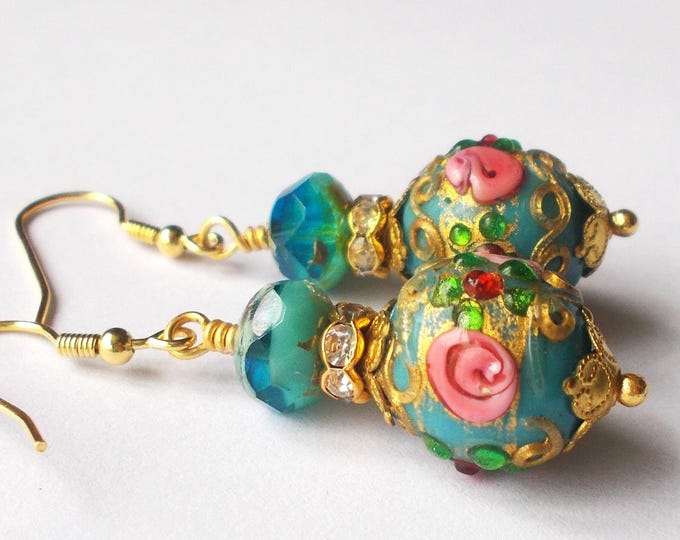 Earrings - Handmade Vintage Venetian Glass Beads, Brass Findings and Gold Vermeil Ear Hooks